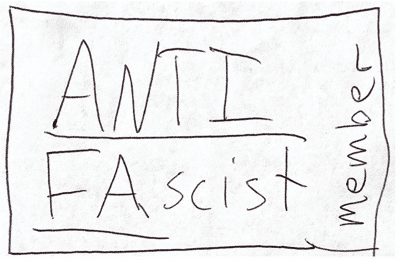 Hastily scribbled membership card with the text Anti Fascist written